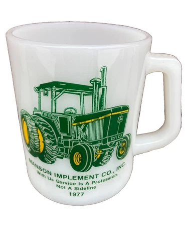 VTG 1977 JOHN DEERE TRACTOR MANSON IMPLEMENT CO IOWA ADV MILK GLASS CUP