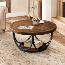 Image of Round Coffee Table 80cm Walnut Effect 2 Tier Storage Curved Metal Frame