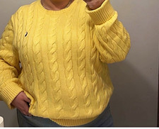 Ralph Lauren Womens Yellow Cable Knit Polo Pony Crewneck Cotton Sweater L