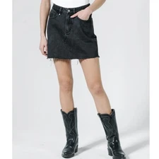 THRILLS NWT Leni Aged Black Denim High Waisted A Line Mini Skirt Size 24 / US 2