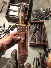 WW2 V-44 Kinfolk  Knife with a red deer antler handle an Vintage leather sheath