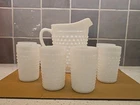 Vintage Anchor Hocking  Milk Glass Hobnail Pitcher & 6pc Cup Set - See Notes