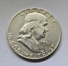 1951-Ben Franklin-Half Dollar-90% Silver- Circulated-Liberty Bell Coin-Vintage