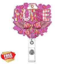 Obookey Valentines Nurse Badge Reel Pink Bow ID Holder Gift