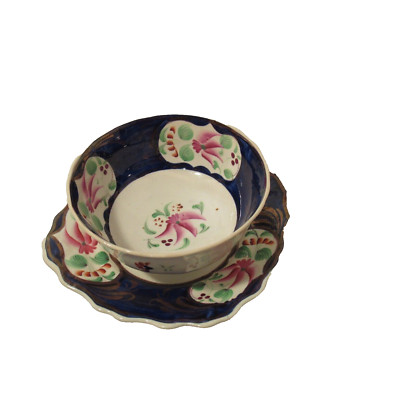 ANTIQUE Gaudy Welsh Cobalt Blue Copper Luster Columbine Pattern Bowl & Plate Set