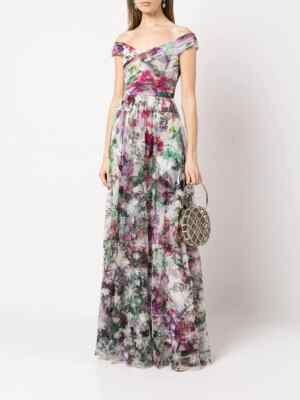 $1095 NEW Marchesa Notte Floral Off Shoulder Gown Ivory D Maxi Dress 10 