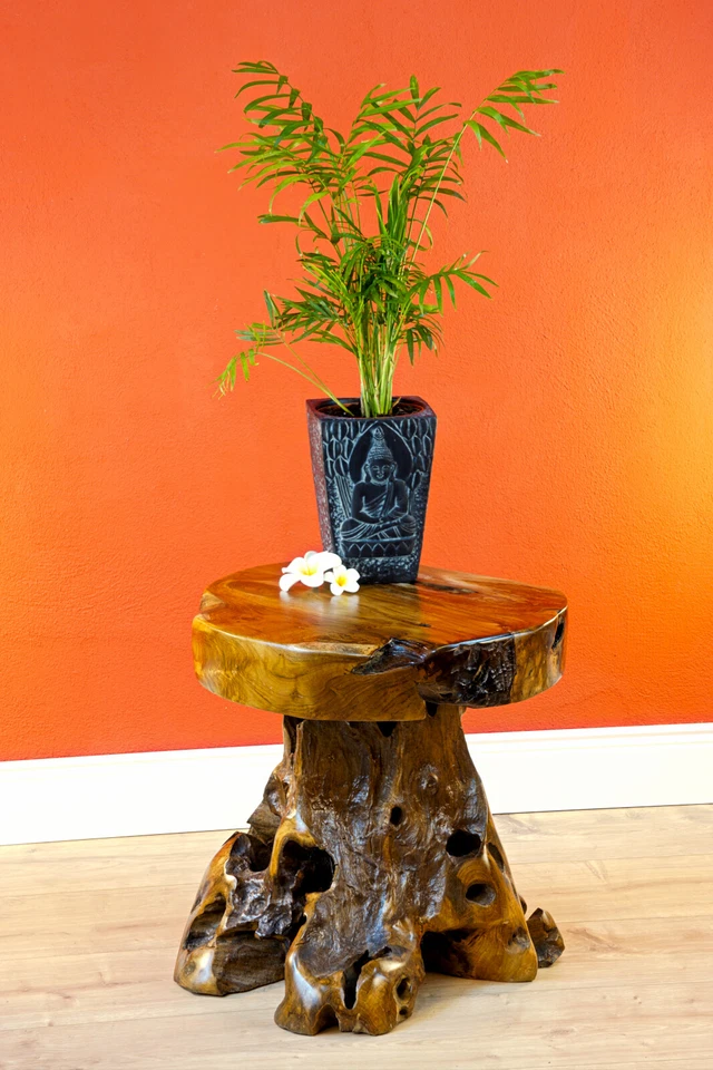 Bois de Racine Table 40cm D'Appoint Tronc D'Arbre en Teck Rustique - Photo 3/4