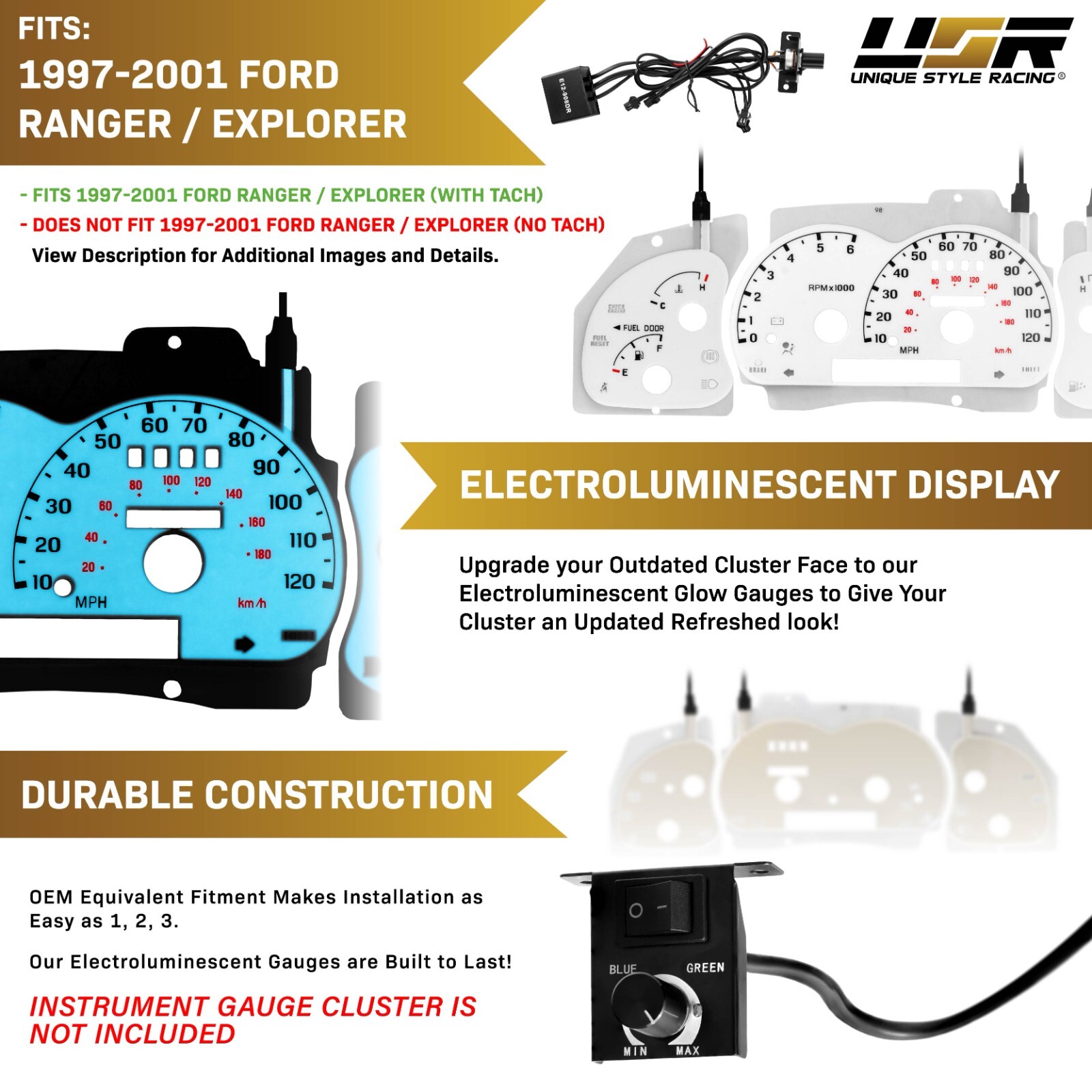BLUE/GREEN Glow Gauge White Overlay For 98-01 Ford Expolorer/Ranger ...