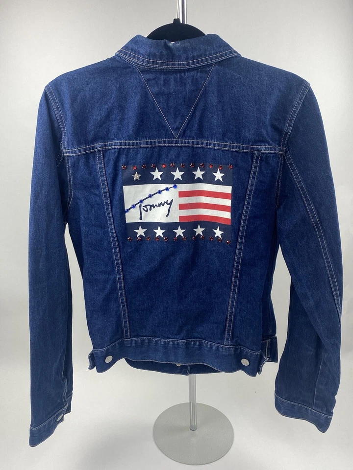 Chaqueta De Colección Tommy Hilfiger Jean Denim Bandera Hip Hop Años 90 Y2K Bling Med Foto 3 de 4