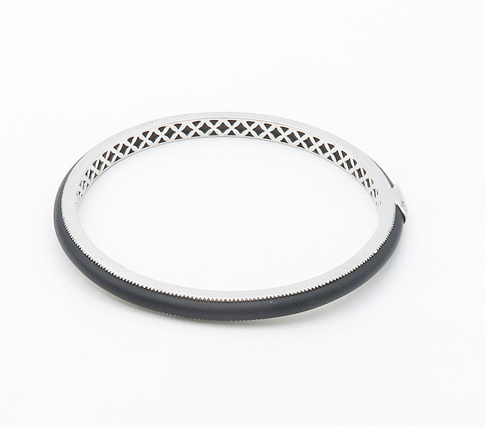 BELLE ETOILE 925 Silver Smooth Black Rubber Shiny Bangle Bracelet
