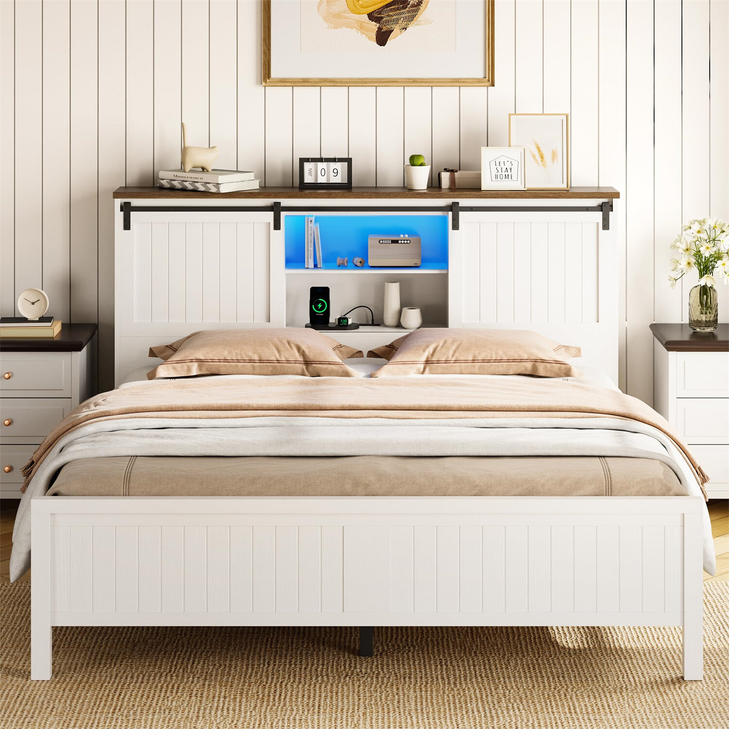 With Led Lights And Charging Station Wooden Platform