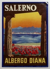 Salerno Albergo Diana ITALY Sea View Vintage Luggage Label 3.25 x 4.75"