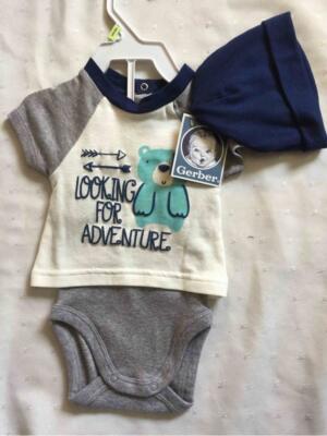 Gerber Baby Boy 0-3 Months Romper Outfit & Hat Blue Gray Baby Shower Gift ~NWT