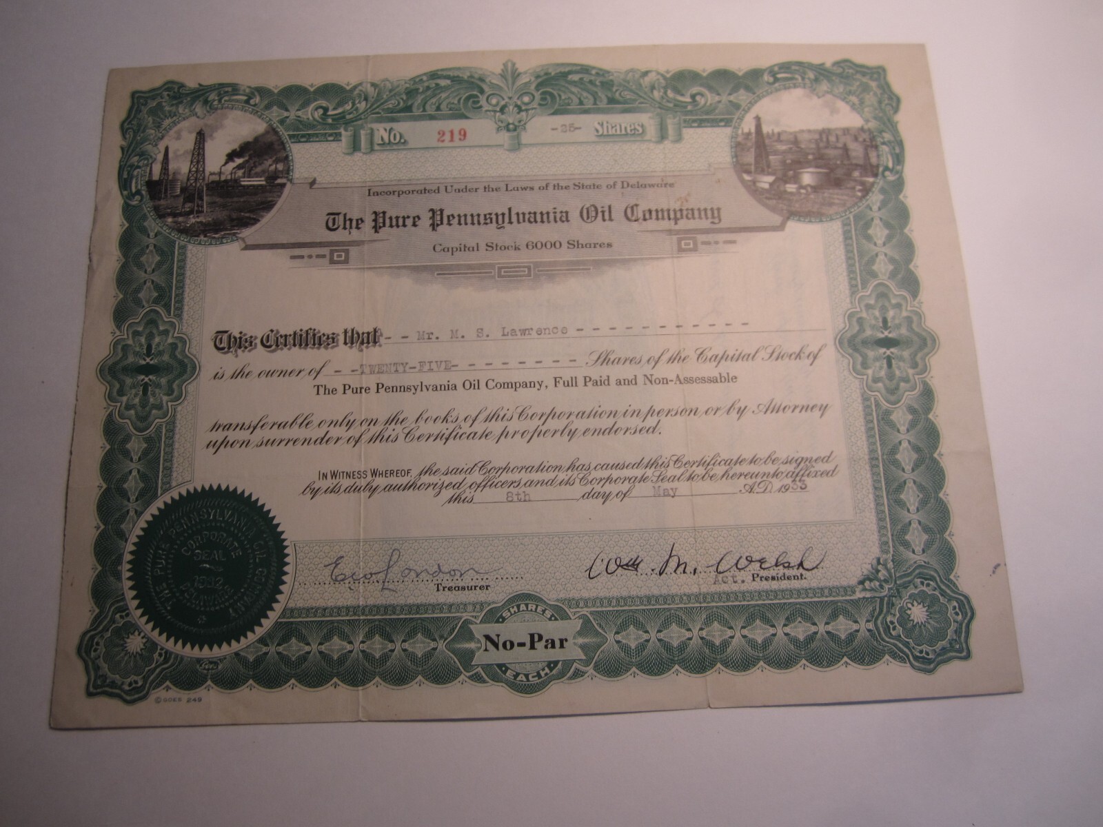 1933 - PURE PENNSYLVANIA OIL COMPANY - Stock Certificate
