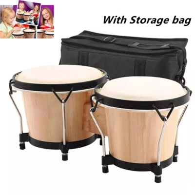 Musical 7" & 8'' Bongo Drums Natural Wooden Sheepskin Head with Storage Bag