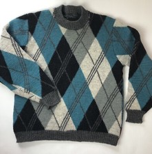 VTG 80s Men  s Wool Sweater Medium Diamonds Argyle Multicolor Pullover Long Slv