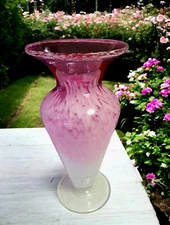 Vtg MURANO Style Hand Blown Art Glass Cranberry & White Spatter 11.75" Urn Vase