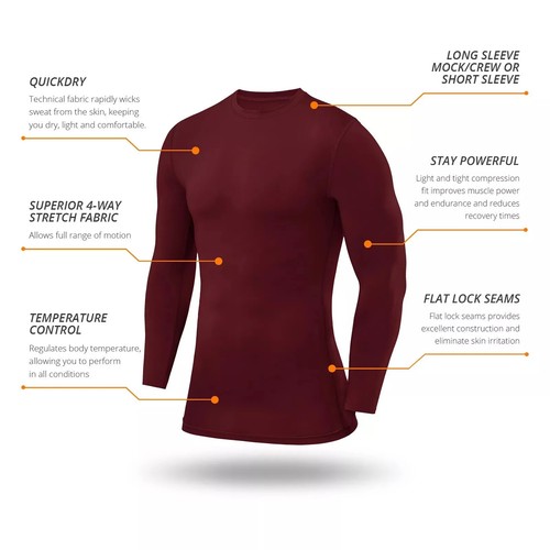 MENS COMPRESSION BASE-LAYER LONG SLEEVE TOP SKIN MOCK NECK TIGHT MUSCLE GYM - Picture 13 of 49