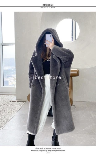 OFF WHITE Cappotto donna con cappuccio vera pelliccia di shearling 100% lana medio lungo oversize invernale soprabito