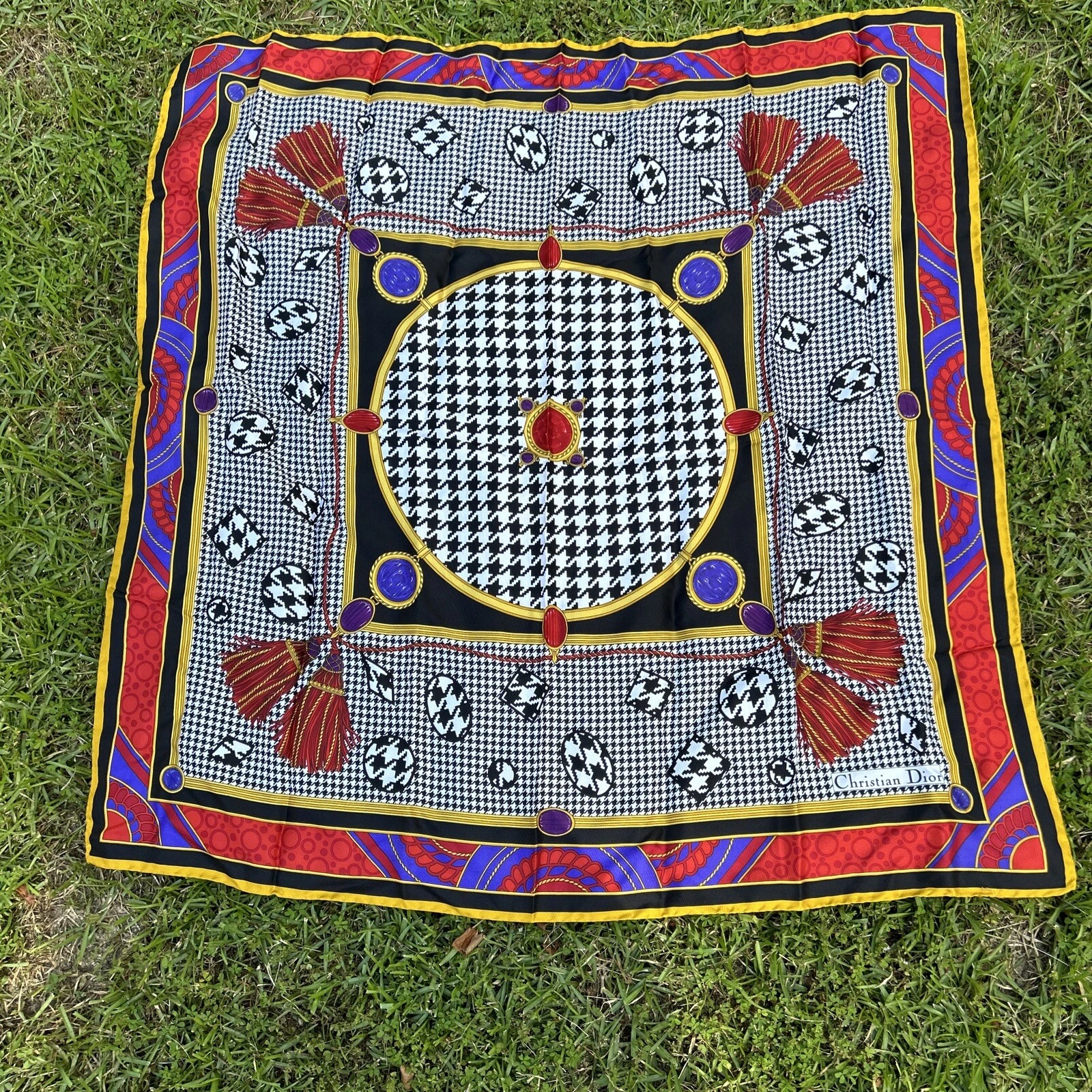 Foulard Christian Dior Houndstooth glands gemmes 34 x 34 pouces