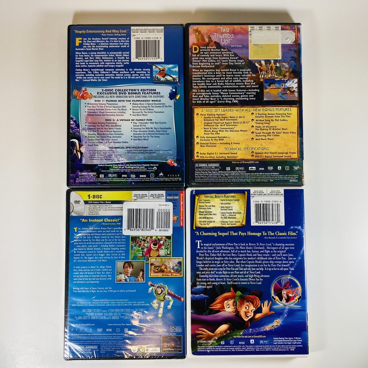 DISNEY (Lot of 4 Kids DVD'S) FINDING NEMO, BROTHER BEAR, PETER PAN