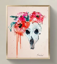 Expressive Floral Animal Skull Acrylic Painting on Canvas – Original Signed Art