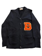 Vintage Black Wool Cardigan Varsity Award Knit Sweater 1950s 50s Xs