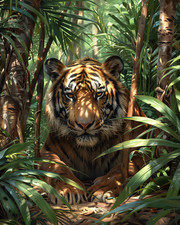 8x10 Bengal Tiger staring through jungle leaves, tropical foliage - 700488395