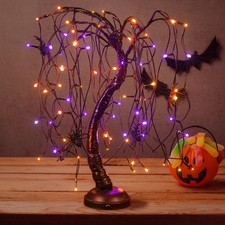 24Inch Halloween Lighted Willow Tree Bonsai Light 80 Orange and Purple LED Li...