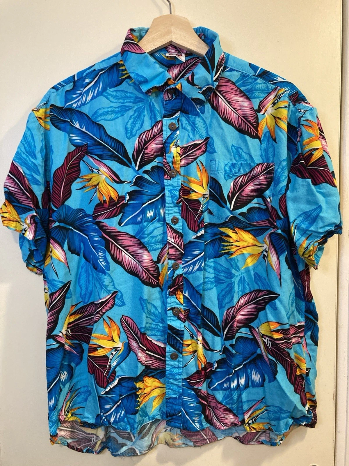 Zabu Fiji Aloha Shirt Mens 2XL Blue Palm Leaves Short Sleeve w/Coconut Buttons