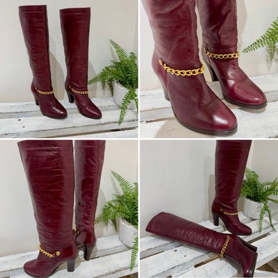 120£ River Island Star Savage rot Leder Kettenabsatz kniehohe Stiefel UK 4 37