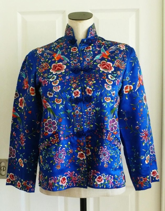 Vtg 60s Plum Blossoms Chinese Blue Silk Floral Bird Embroidered Jacket 34 S Mint