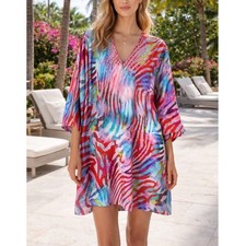 Natori Short Caftan Cover Up Dress Small Multicolor Abstract Zebra Rhinestone