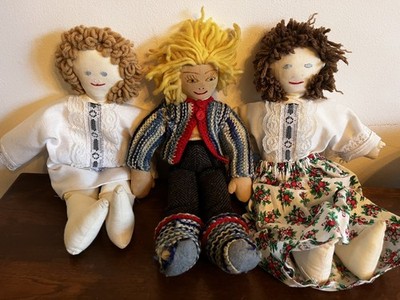 3 Vintage Cloth Pair Rag Dolls Stitched Face Fingers Folk Art Handmade