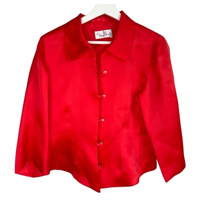 Sylvia Heisel 100% Silk 3/4 Sleeve Cropped Button-Up Shirt Red Women's Size 10