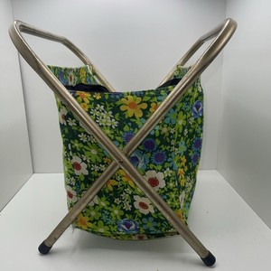 VTG 70s Foldable Sewing Yarn Knit Crochet Basket Caddy Tote Bag Metal Frame MCM