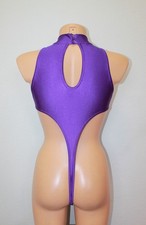 Women Thong Leotard 204-10 High Collar Open Thig Purple Spandex Size M