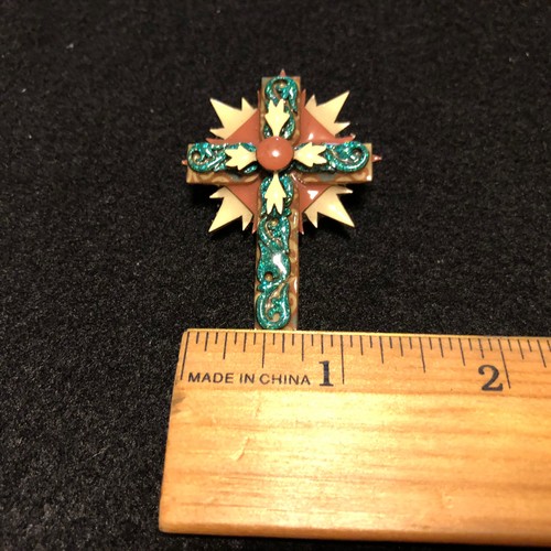 Lucinda Spilla Ciondolo Croce Fatto a Mano Marrone Tan Verde Starburst Religiosa Pasqua - Foto 4 di 4