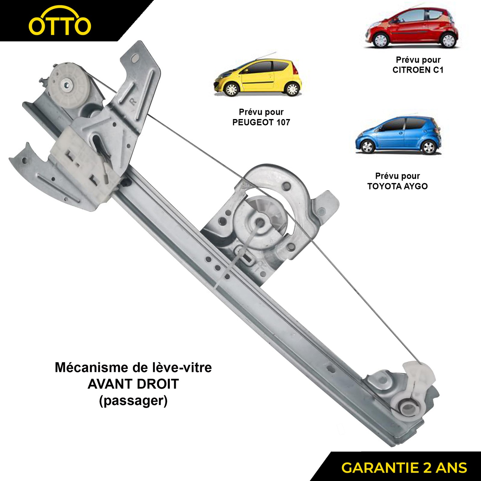 Lève-vitre avant droit premium acier renforcé pour mécanisme Peugeot 107 d'origine