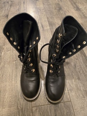 Pre-owned Stuart Weitzman Kolbie Chain Block Bootie Black Leather Sz 11.5 Narrow