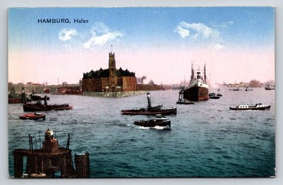 Hamburg Hafen Harbor Germany Vintage Postcard Georg Stilke Ships Boats Clock