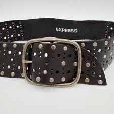 Express Womens Black Genuine Leather Studded Perforated Wide Waist Belt Small S