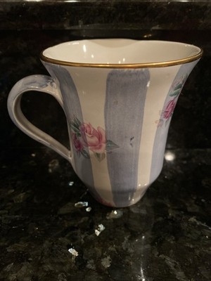 RARE Vintage MACKENZIE-CHILDS Honeymoon Morning Glory Mug Blue Stripes 4 3/4'' 