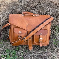 Image of Handmade Goat Leather Messenger Bag Brown Crossbody Shoulder Laptop Bag Men’s