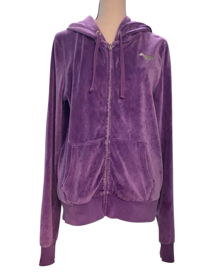 Victoria’s Secret PINK Velour Full Zip Hoodie Purple SZ L 2010 VINTAGE Y2K - Image 2 of 4