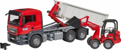 Bruder 03767 MAN TGS LKW mit Abrollcontainer und Schäffer Hoflader