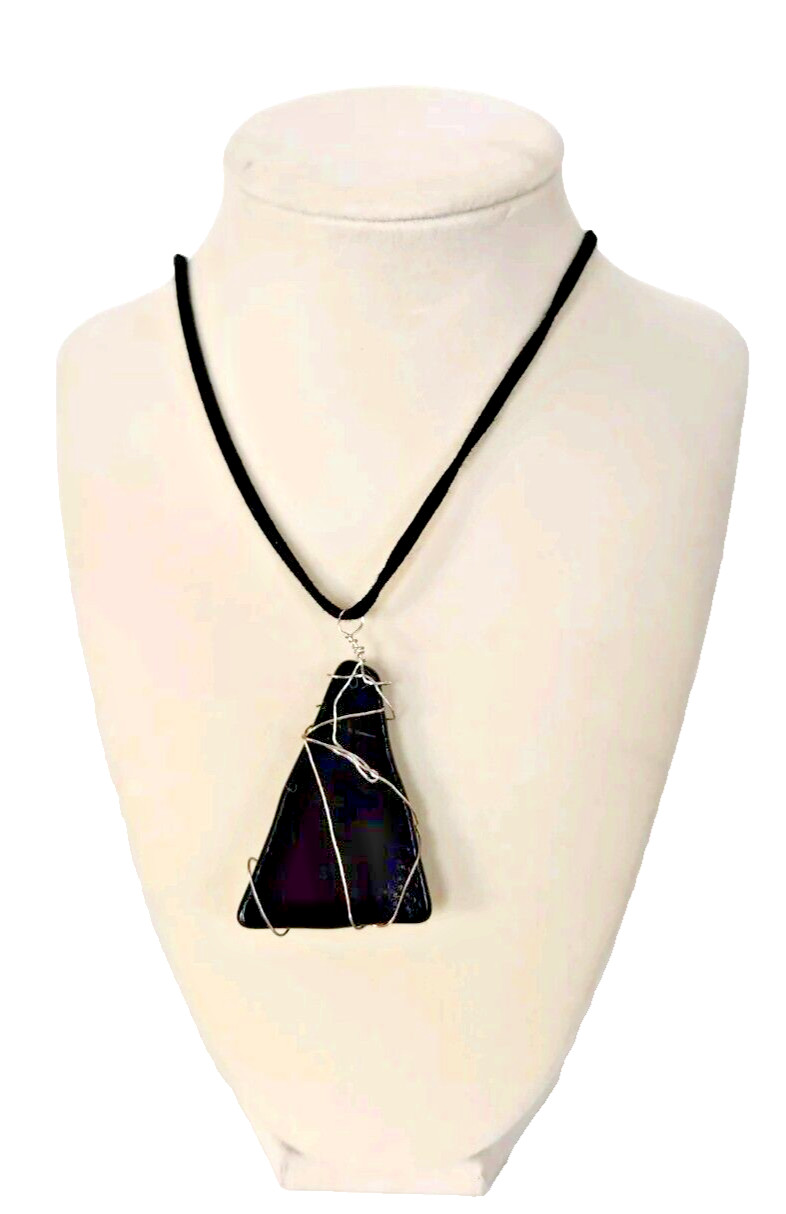 Black Acrylic Silver Wire Wrap Triangular Cabocho… - image 3