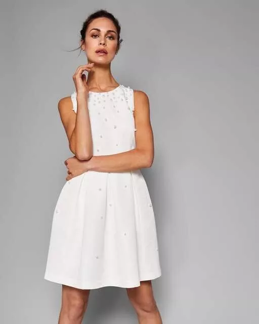 Ted Baker Milliea Pearl Embellished Skater Dress Natural TB 0 US 2 White Bridal Ted Baker Milliea Pearl Embellished Skater Dress Natural TB 0 US 2 White Bridal