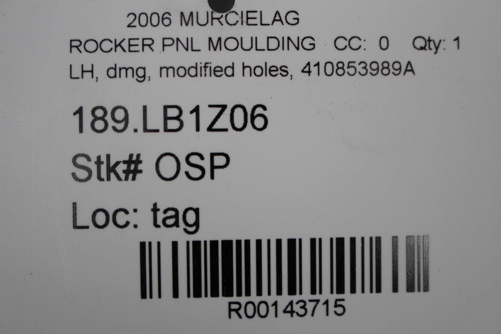 Lamborghini Murcielago LP640, LH, Left, Rocker Panel, Used, Dmg, P/N 410853989A