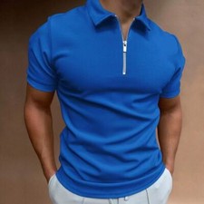 Polo Shirt Men Zipper Collar Fashion Blue Solid Casual Golf Zip Soft T-Shirt Tee